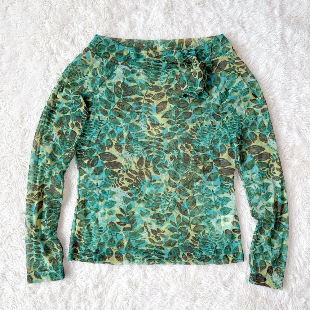 VTG 90s Y2K Mexx Woman Green Leaf Sheer Mesh Long Sleeve Top MEDIUM Fairy